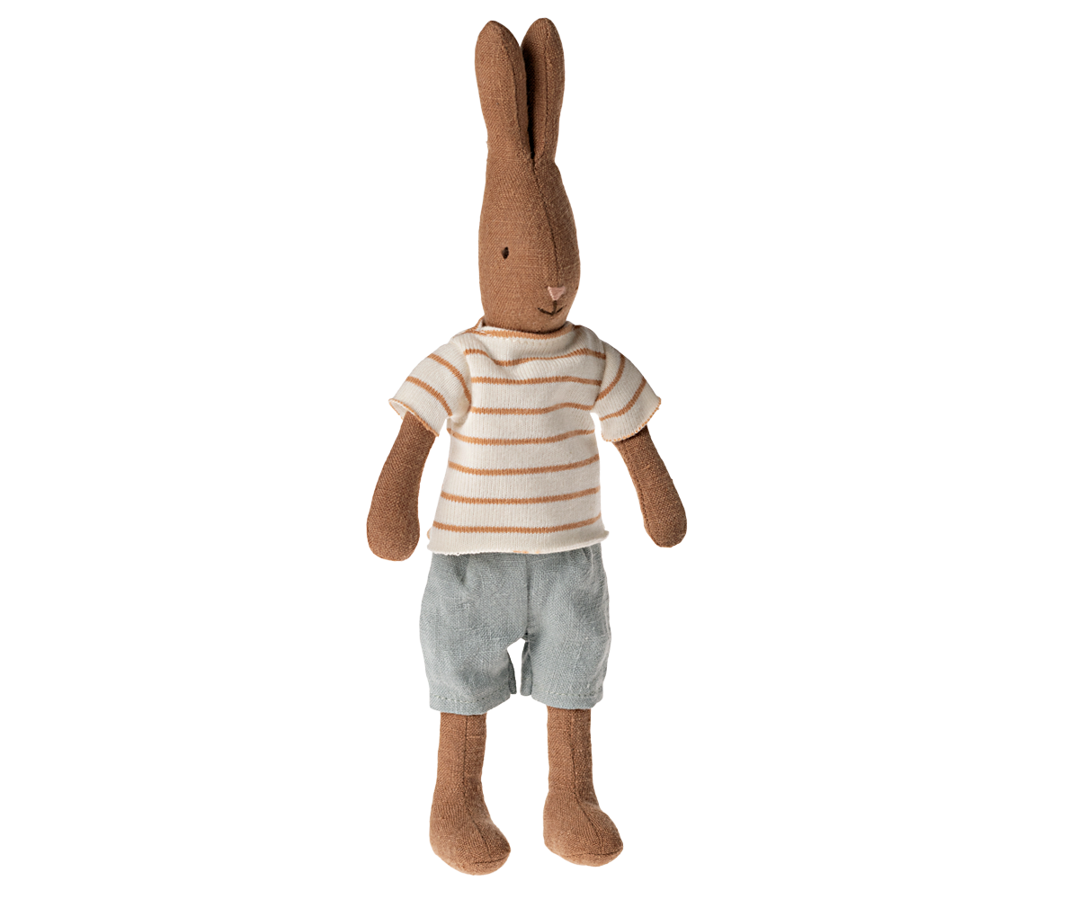Maileg Maileg - Rabbit Size 1 - Chocolate brown - Striped blouse and shorts - Pearls & Swines