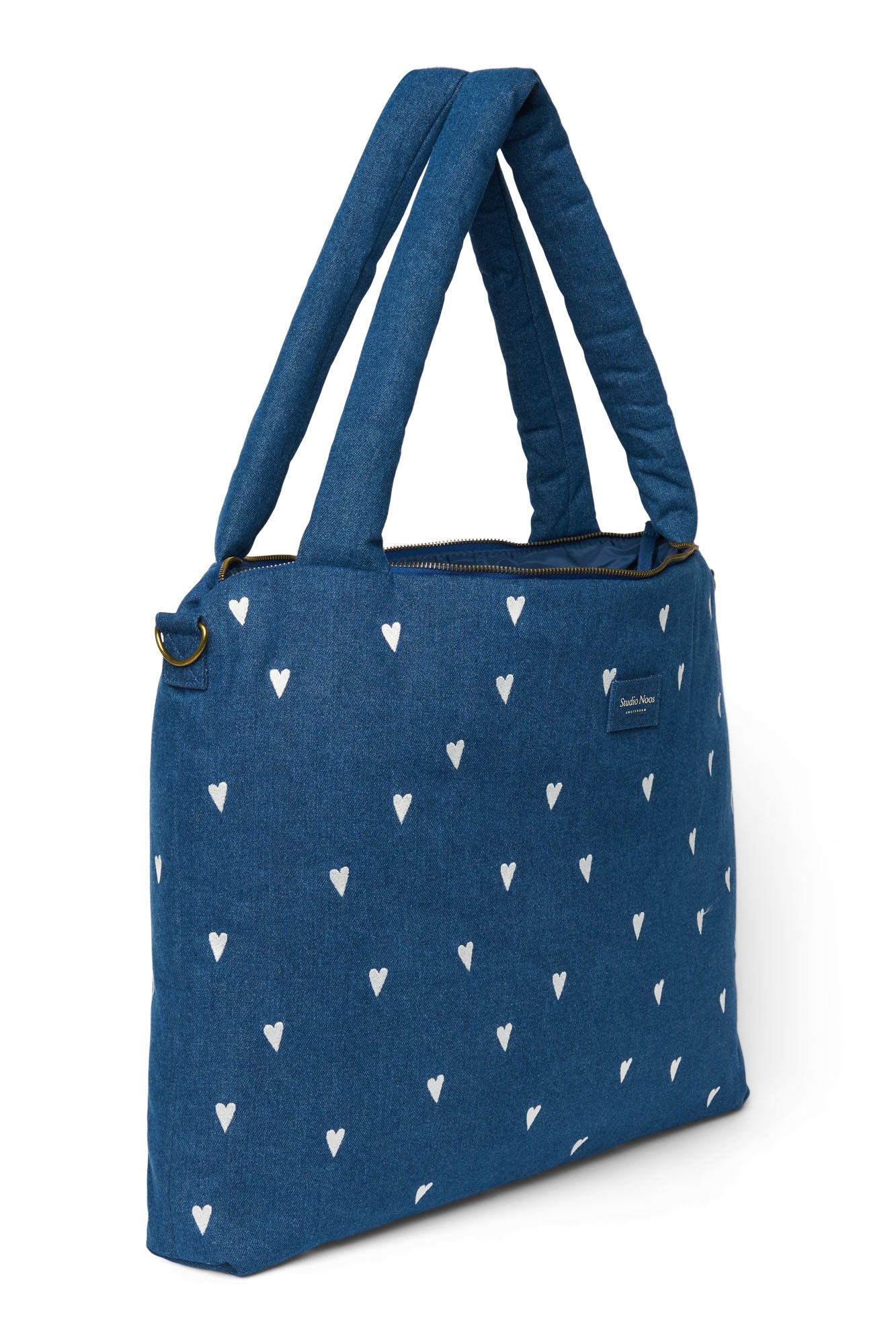 Pearls and Swines Studio Noos - Denim Diaperbag - Dark White Hearts - Pearls & Swines