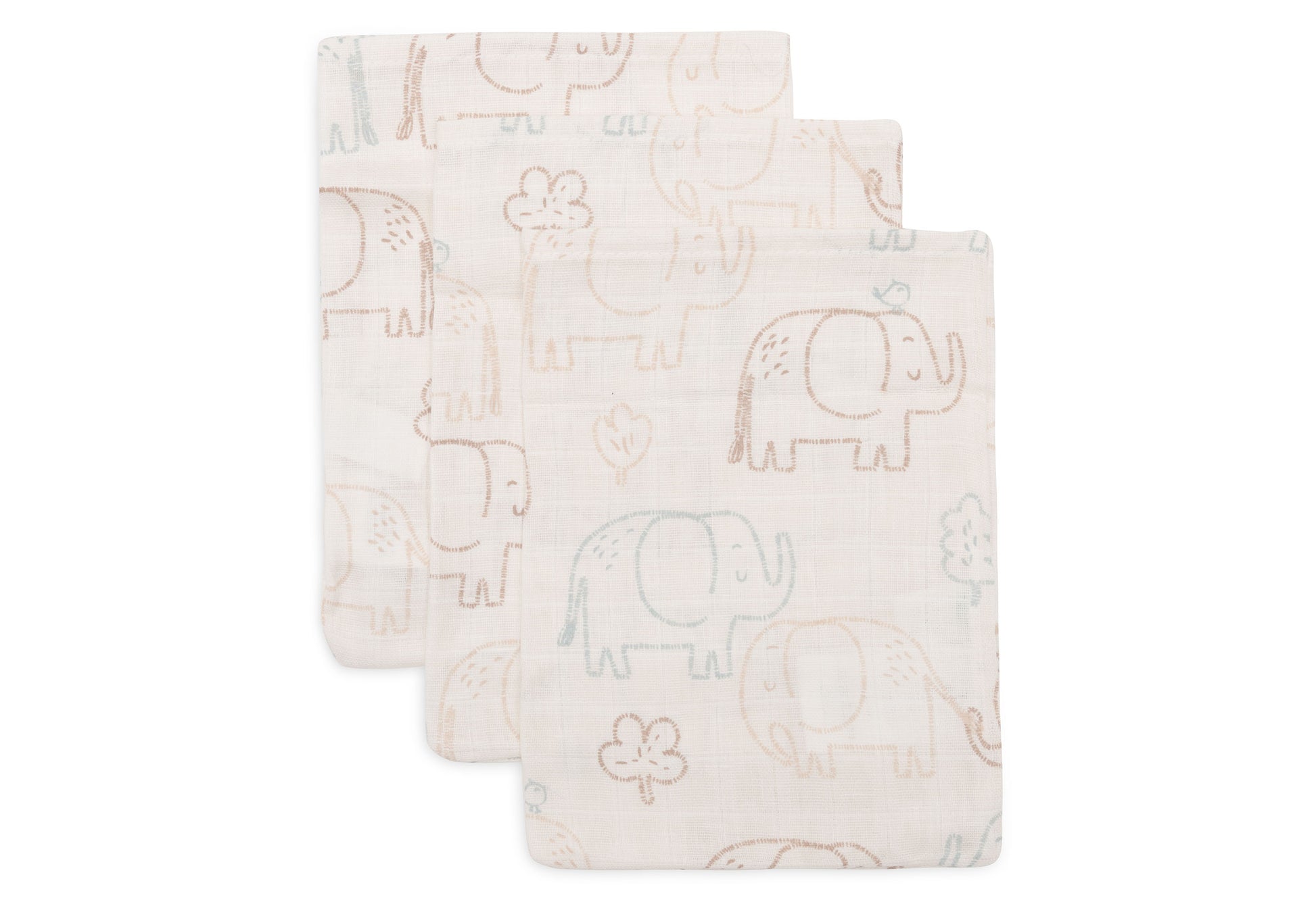 Jollein Jollein - Washcloth Muslin - Elephant Tales - 3 Pack - Pearls & Swines