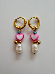 Bymelo Bymelo - Earrings - Pearl and Pink Heart - Pearls & Swines