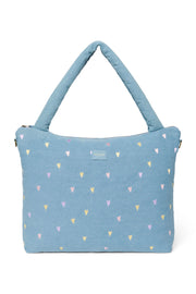 Pearls and Swines Studio Noos - Denim Diaperbag - Light Blue Hearts - Pearls & Swines