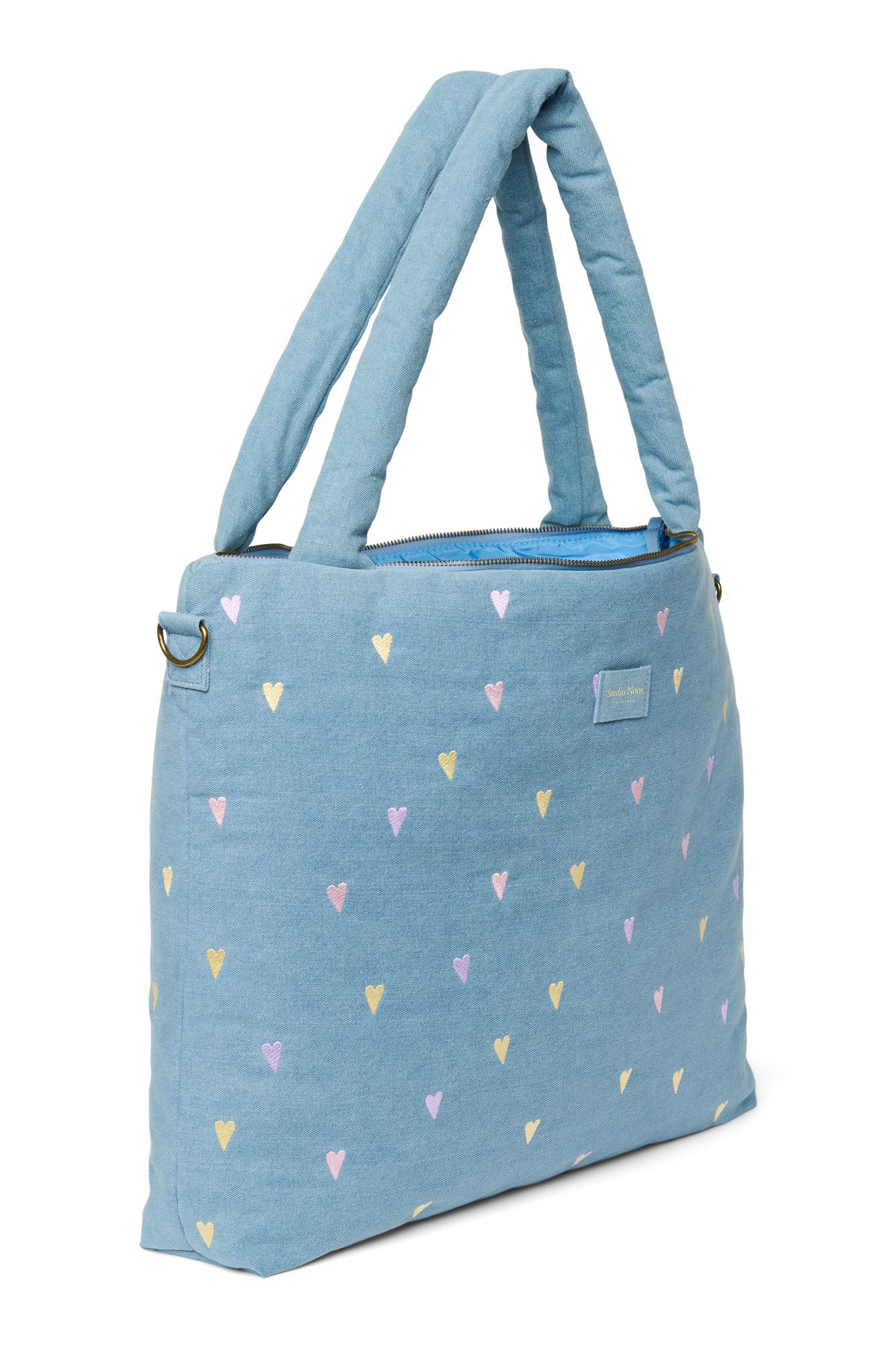 Pearls and Swines Studio Noos - Denim Diaperbag - Light Blue Hearts - Pearls & Swines