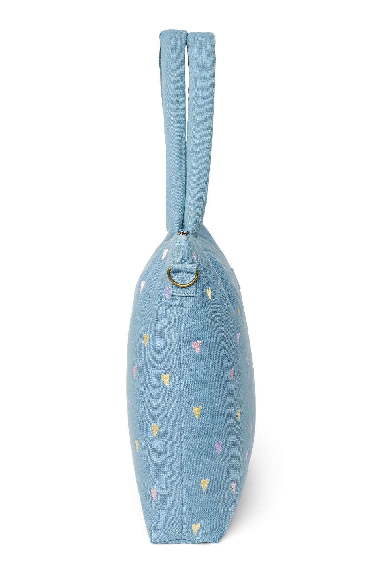 Pearls and Swines Studio Noos - Denim Diaperbag - Light Blue Hearts - Pearls & Swines