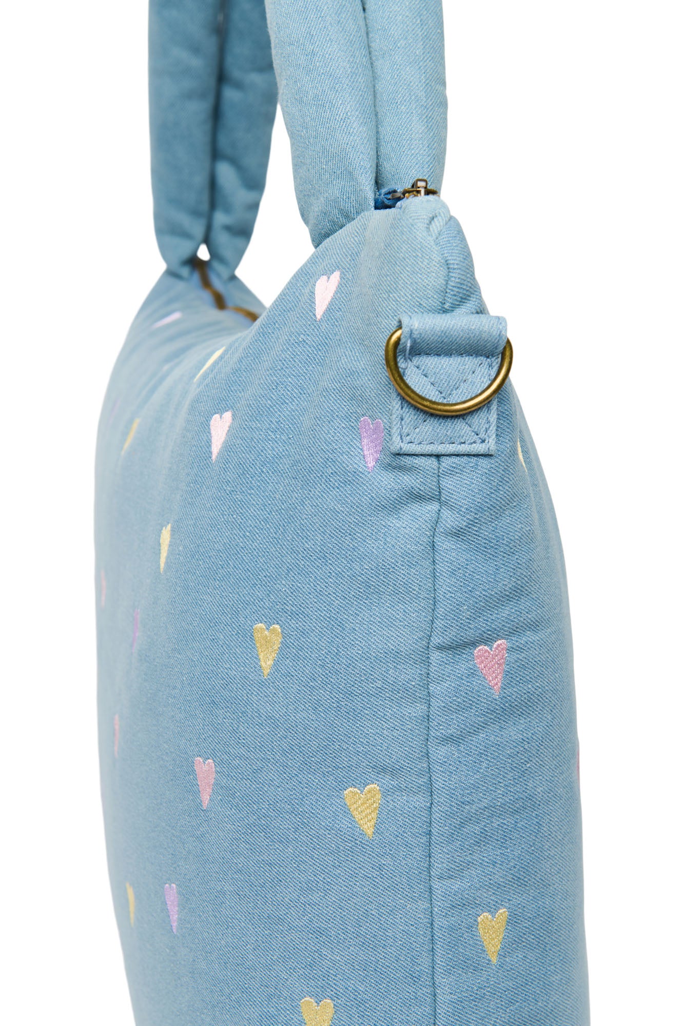 Pearls and Swines Studio Noos - Denim Diaperbag - Light Blue Hearts - Pearls & Swines