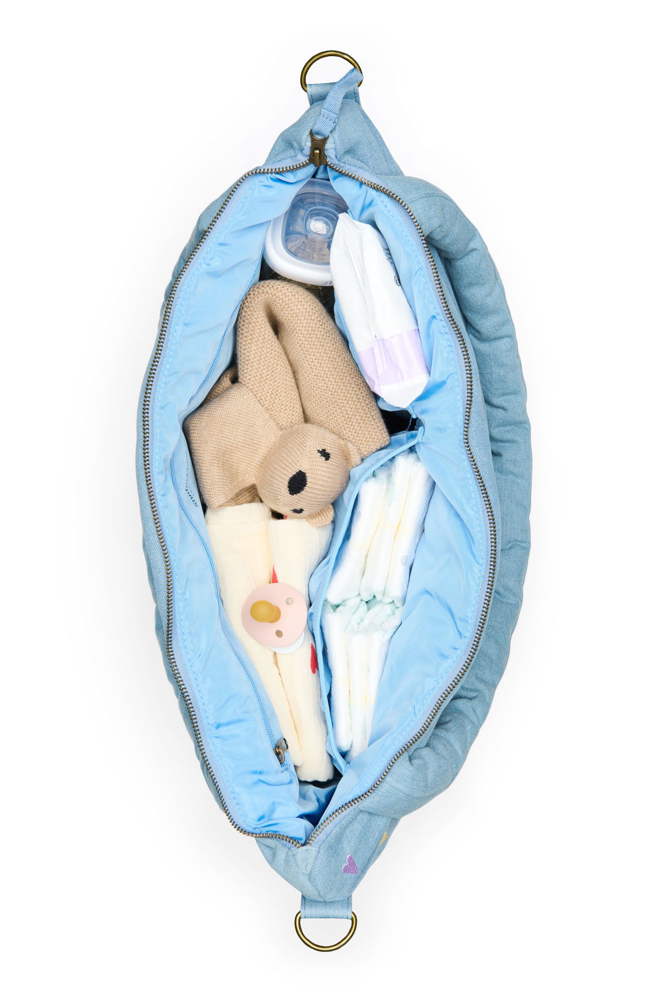 Pearls and Swines Studio Noos - Denim Diaperbag - Light Blue Hearts - Pearls & Swines