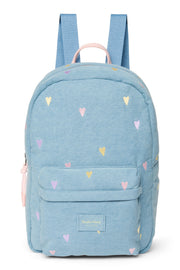 Pearls and Swines Studio Noos - Denim Midi Backpack with Front Pocket - Light Blue Hearts - Pearls & Swines
