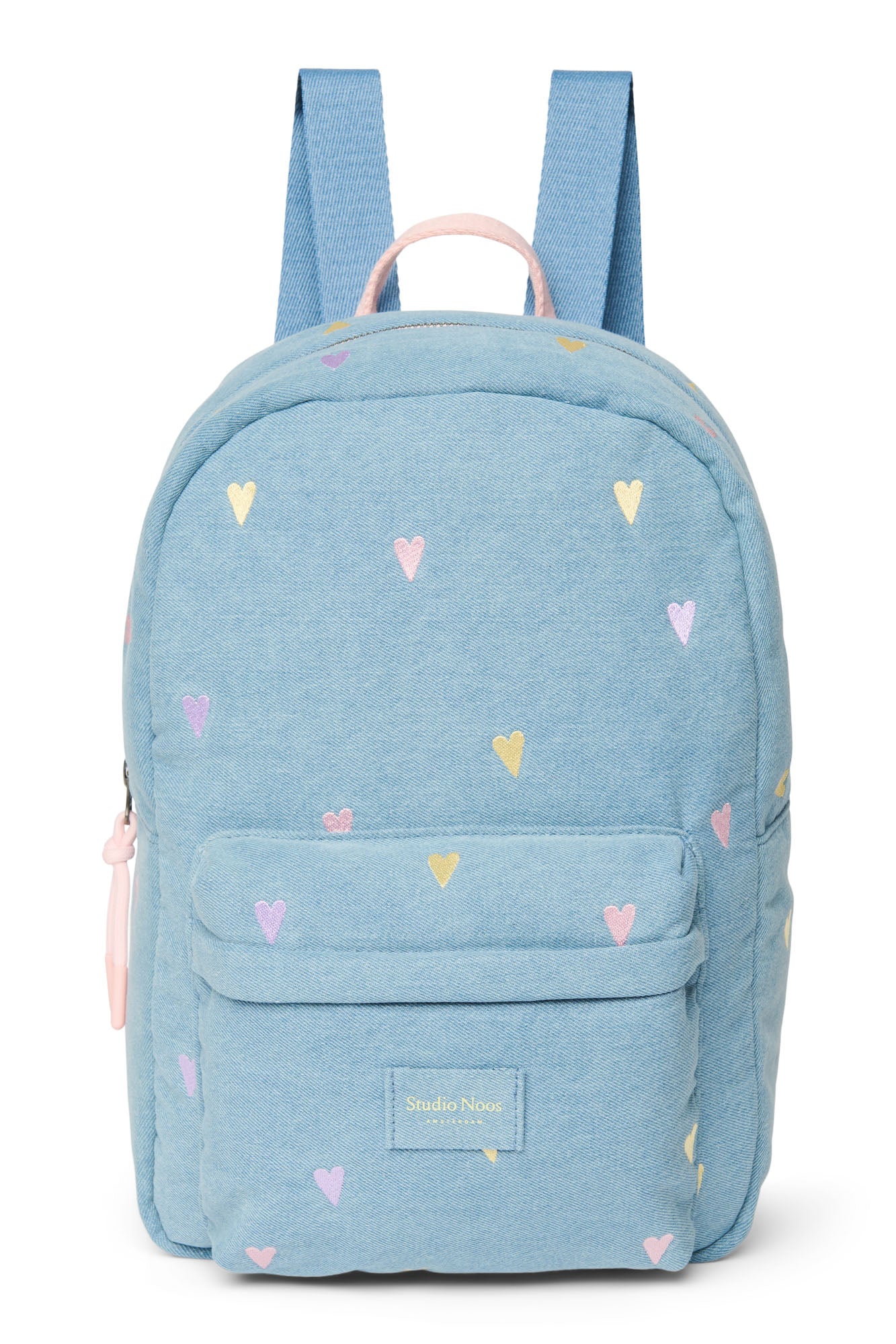 Pearls and Swines Studio Noos - Denim Midi Backpack with Front Pocket - Light Blue Hearts - Pearls & Swines