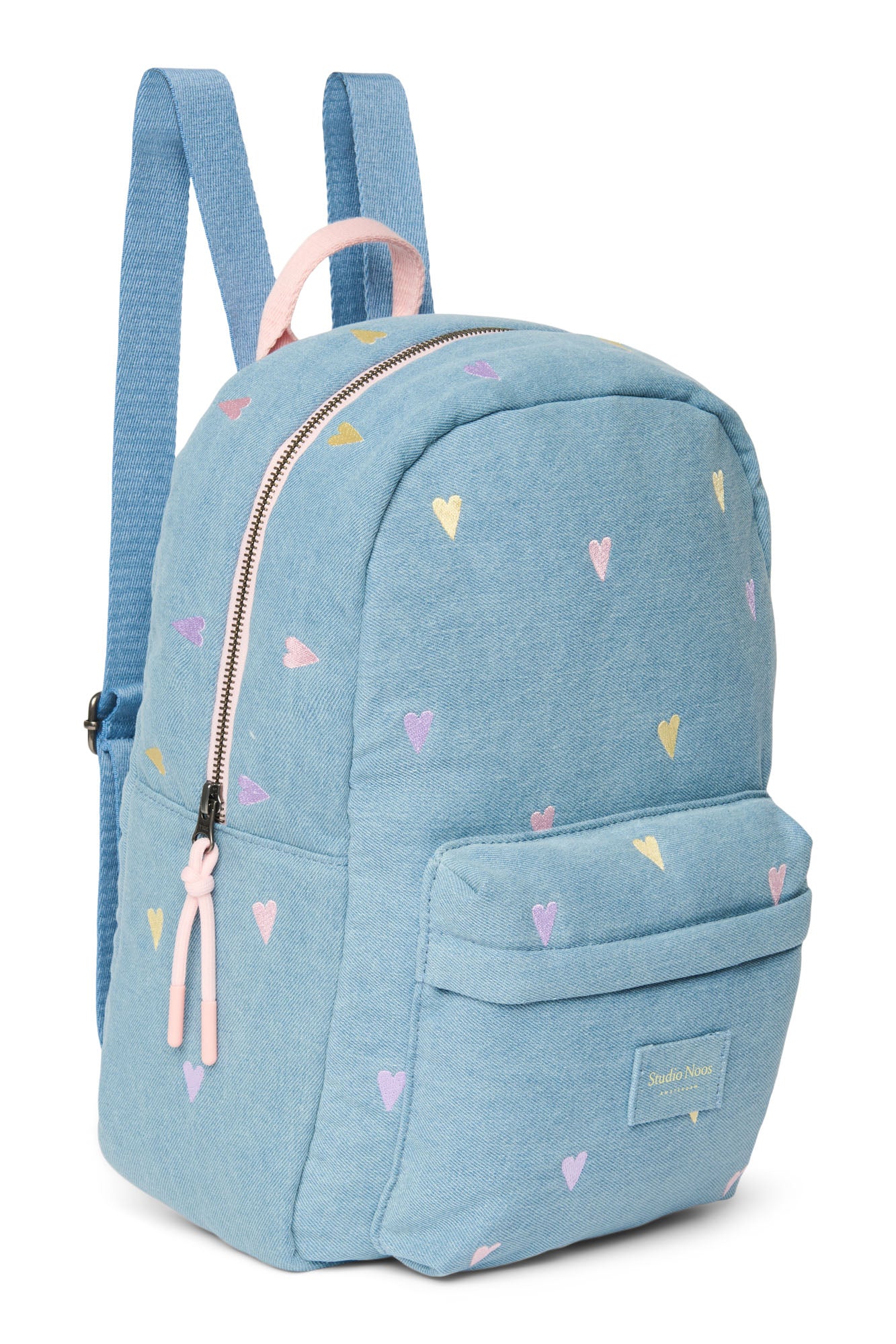 Pearls and Swines Studio Noos - Denim Midi Backpack with Front Pocket - Light Blue Hearts - Pearls & Swines