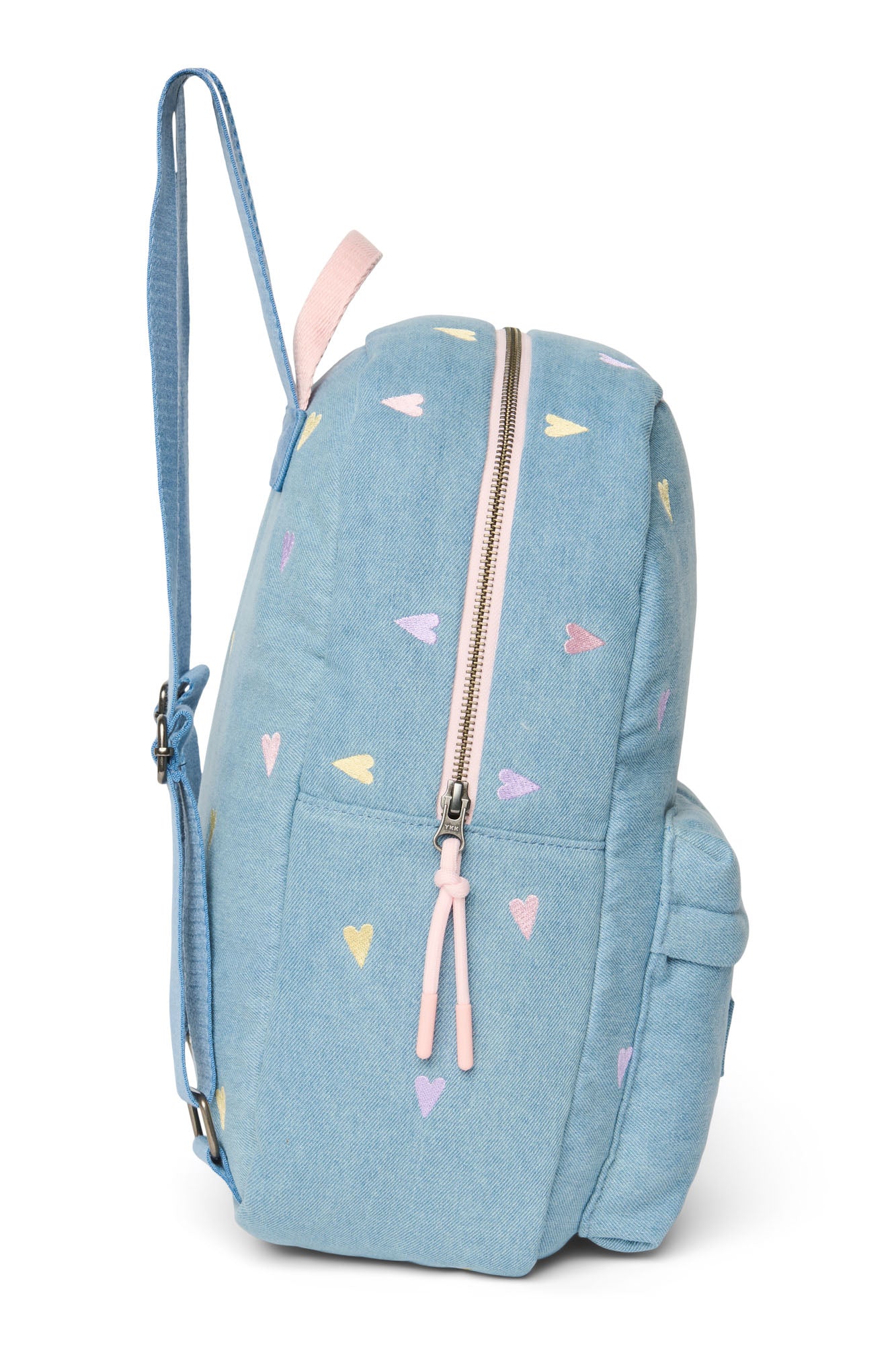 Pearls and Swines Studio Noos - Denim Midi Backpack with Front Pocket - Light Blue Hearts - Pearls & Swines