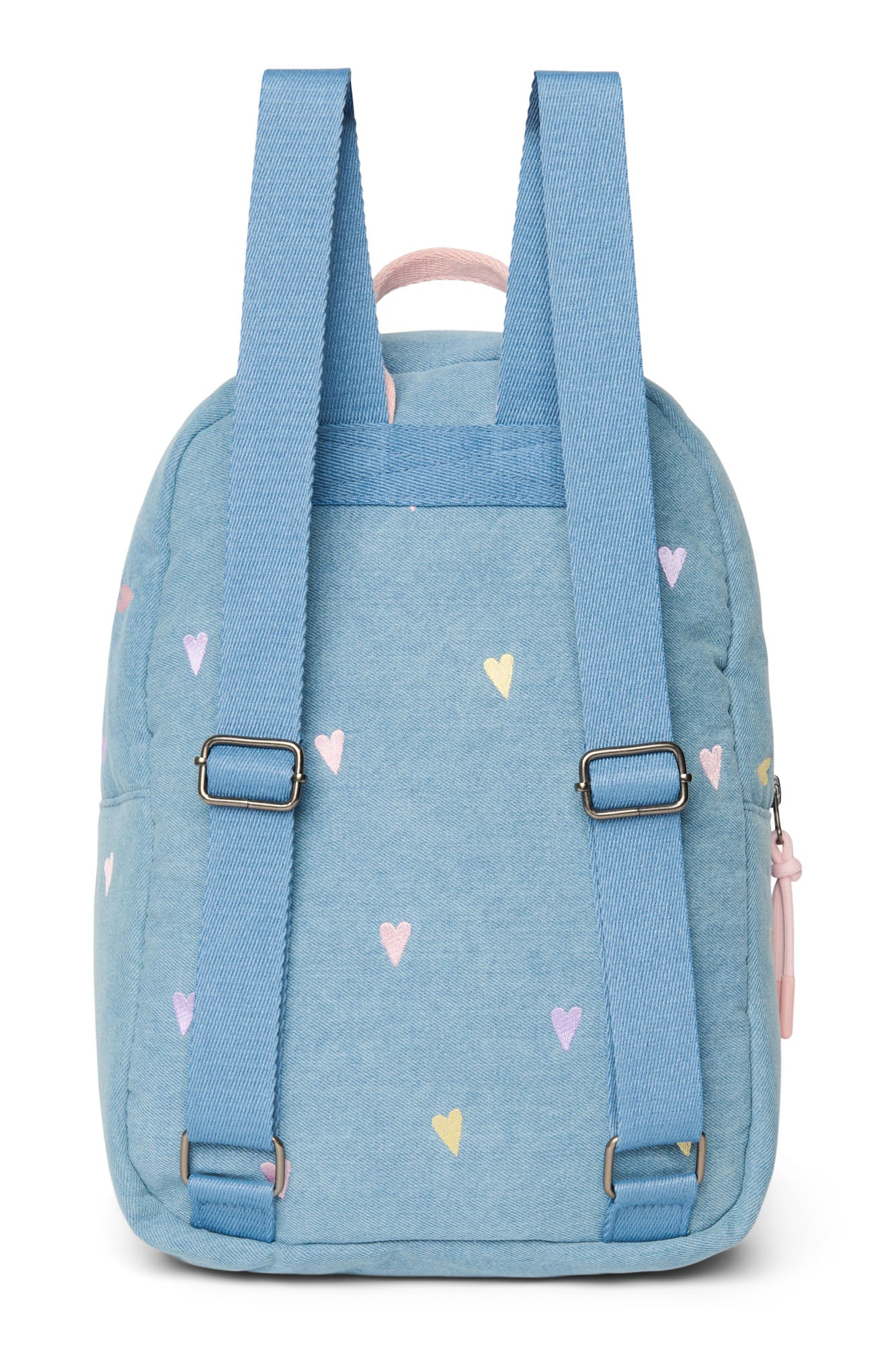 Pearls and Swines Studio Noos - Denim Midi Backpack with Front Pocket - Light Blue Hearts - Pearls & Swines