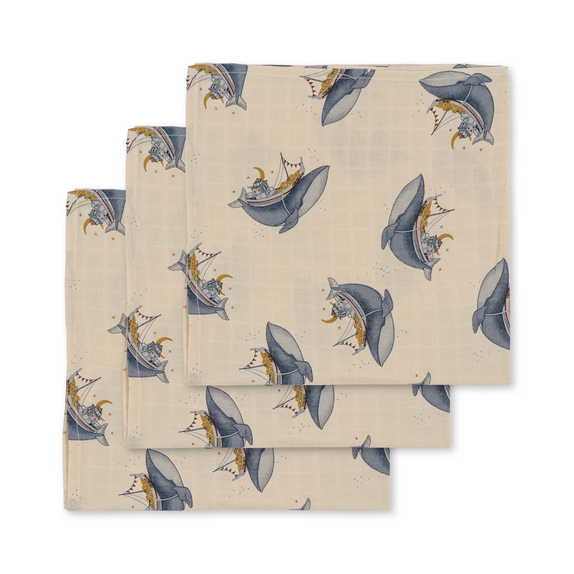 Konges Sløjd Konges Sløjd 3 Pack Muslin Cloths - Whale Boat - Pearls & Swines