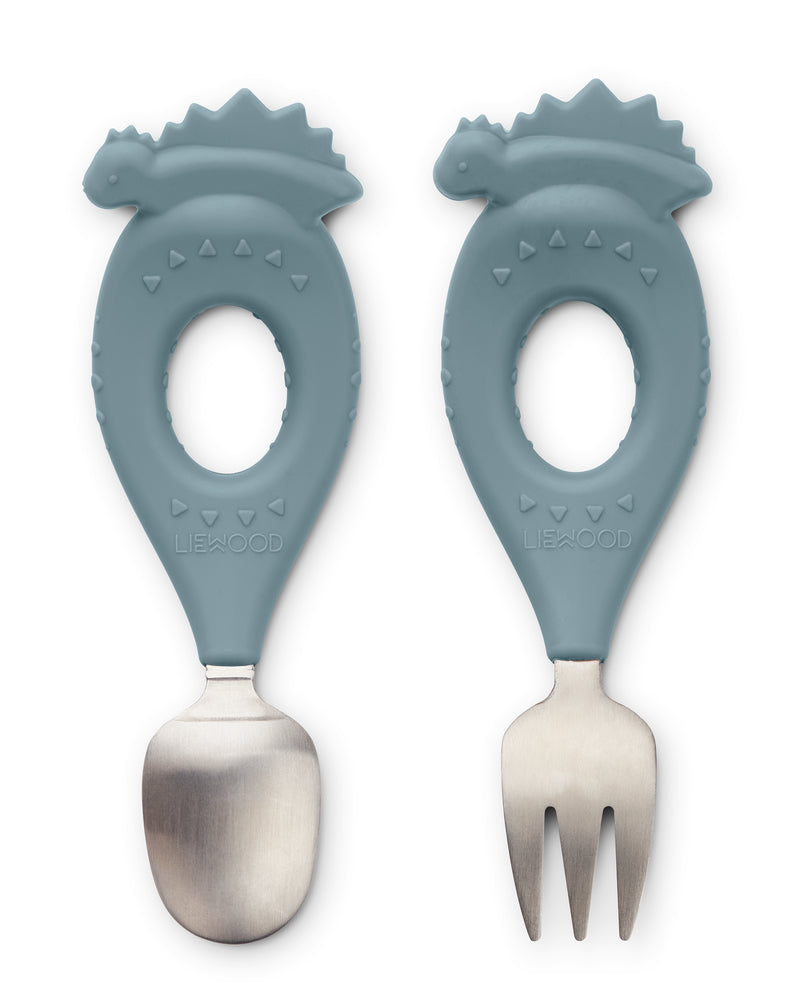 Liewood Collection Sale - Liewood - Stanley Baby Cutlery Set - Dino/Whale Blue - Pearls & Swines